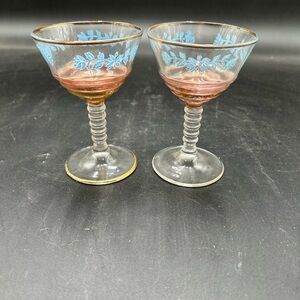 Vintage Federal Glass blue and gold Floral Etched Glasses, champagne glasses